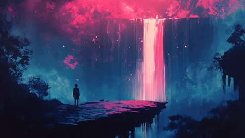 Solitary figure before luminous neon waterfall abyss