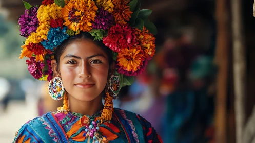 Young woman in traditional dress with vibrant floral headdress.