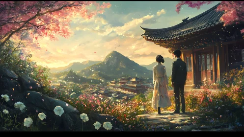 Two figures observe a traditional valley settlement at sunset