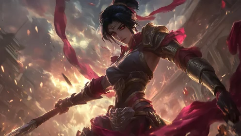 Armored fantasy warrior with spear amid burning sky.