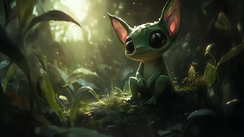 Small green creature sits on moss in dim forest light