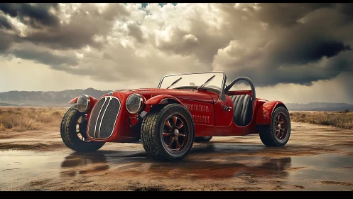 Red roadster stands on wet desert track under storm clouds