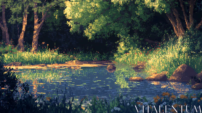 Sunlit forest pond shimmers gently in soft pixelated light