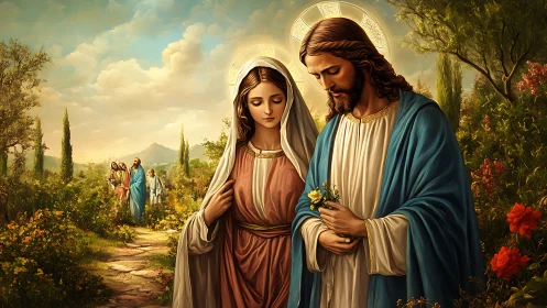 Religious figures walking through lush garden landscape.