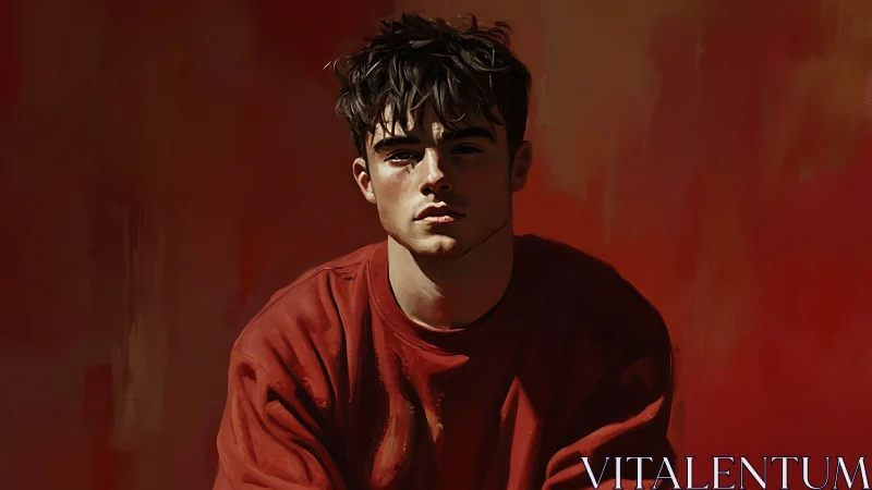 Moody male portrait in crimson tones with painterly light.