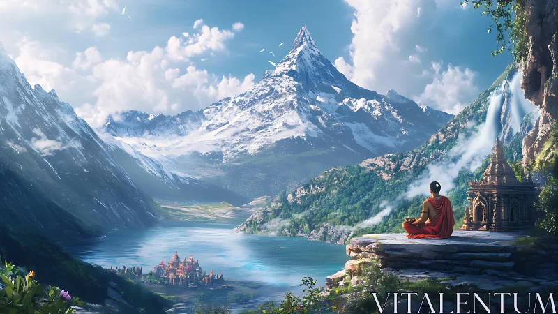 Monk meditating above alpine lake with snow-capped peak