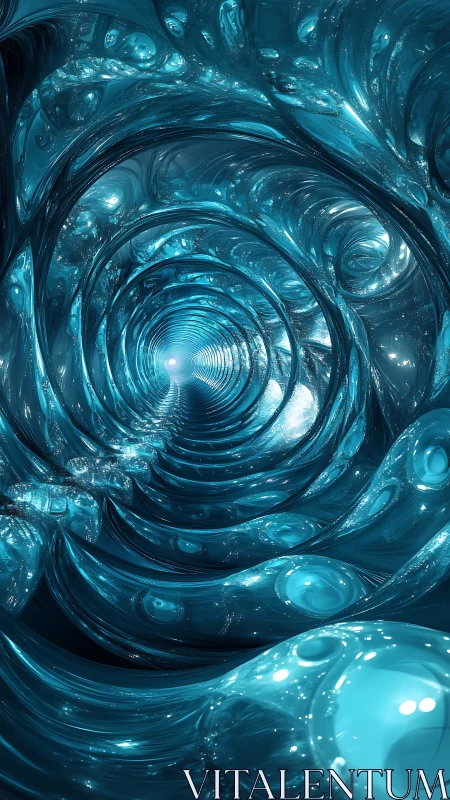 Cylindrical tunnel of reflective turquoise liquid forms.