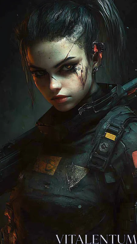 Armored futuristic soldier portrait with tactical weaponry.