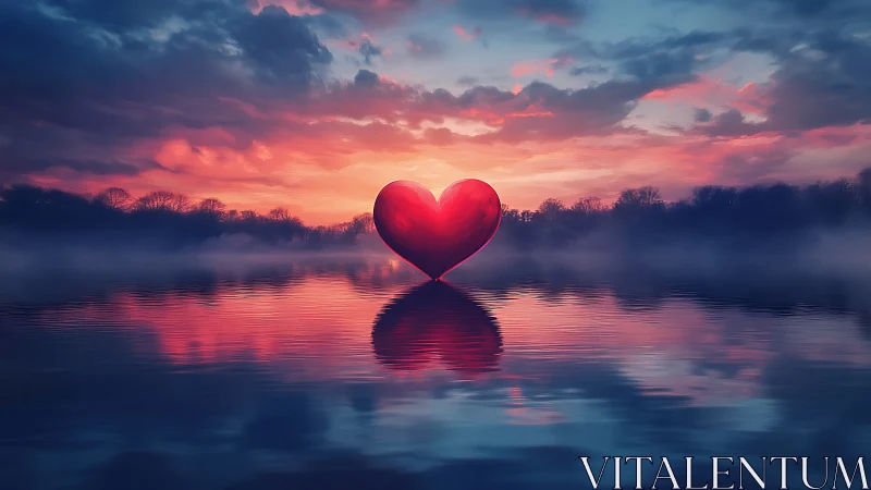 Red heart floating above misty water at dramatic sunset