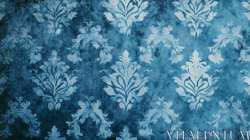 Ornate blue damask wallpaper rendered with textured patina