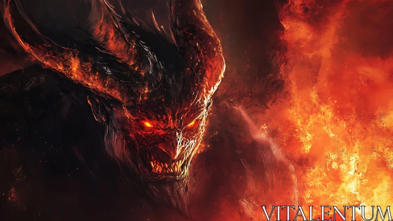 Infernal horned demon rendered in high-contrast digital fire