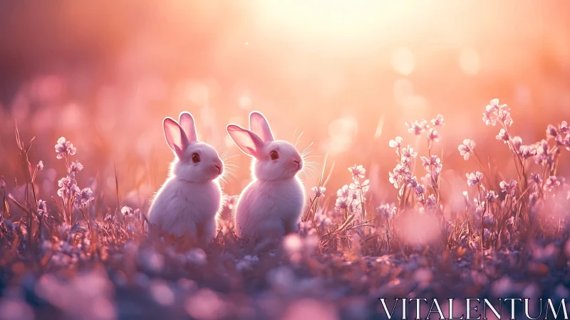 Backlit twin rabbits in shallow-depth floral bokeh field.
