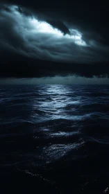 Photorealistic nocturne seascape under storm-lit horizon sky.