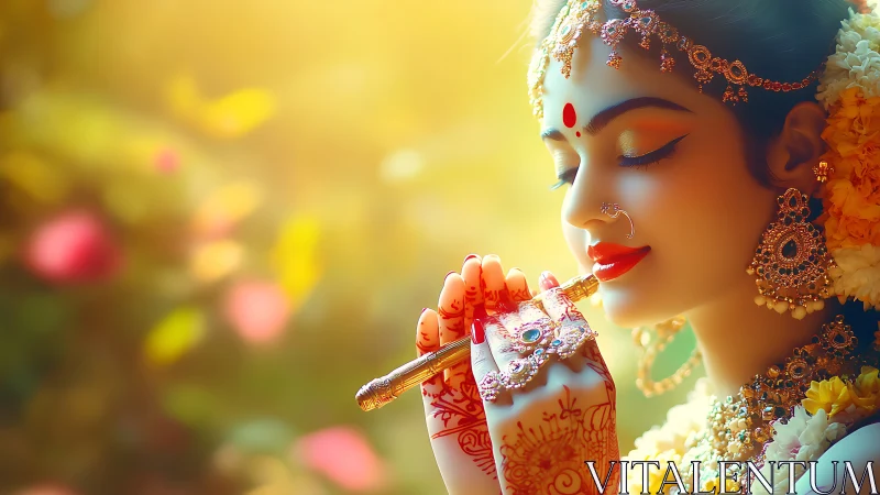 Golden dawn muse in ornate bridal grace and quiet prayer.