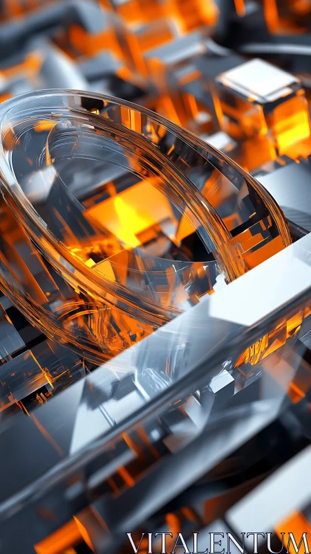 Glass rings and orange metal blocks in abstract 3D city