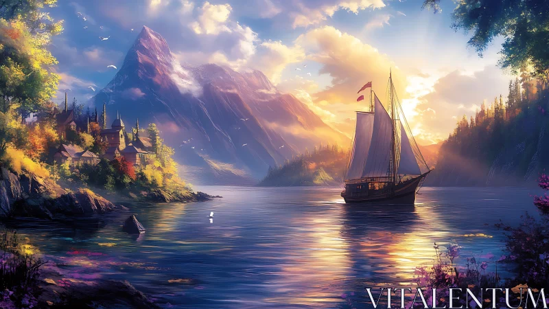 Sunlit sailship drifting past a jewel-bright mountain haven.