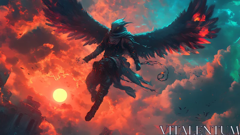 Armored dark angel descends through blazing neon storm sky