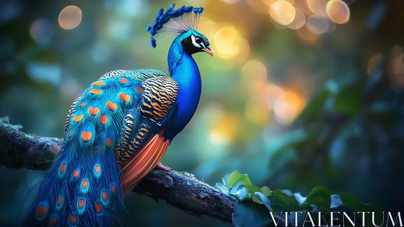Vibrant peacock perched on forest branch at dusk.
