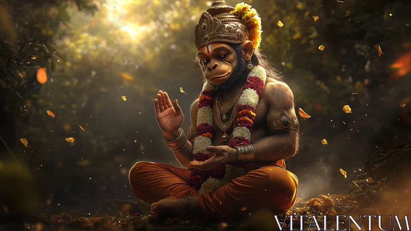 Divine monkey deity meditates in a glowing forest sanctuary