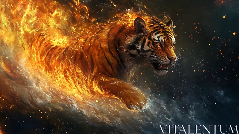 Fire and water collide as a blazing tiger surges forward