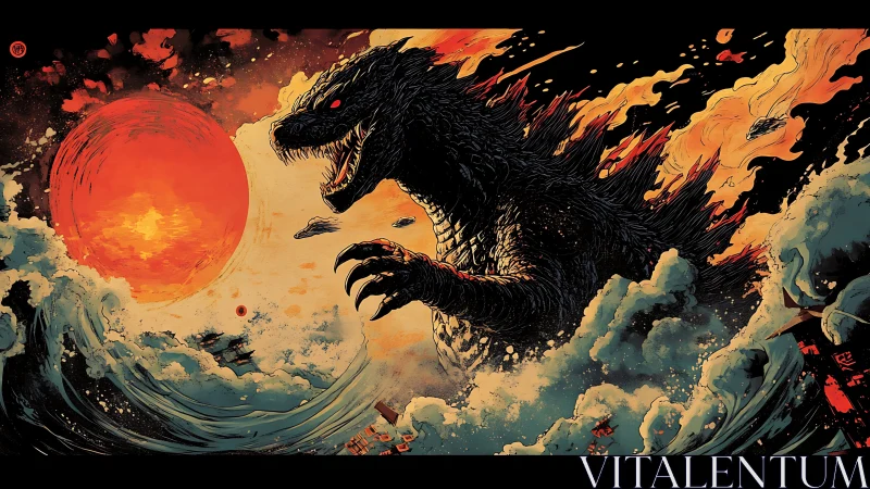 Kaiju colossus erupts from storm surf under burning sun.