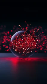 Glowing red particle nebula expands inside reflective glass sphere