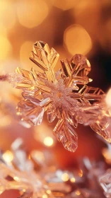 Crystal snowflake ornament under warm golden bokeh glow.