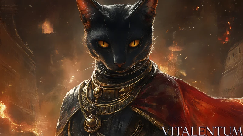 Regal black cat warlord commands burning bronze cityscape.