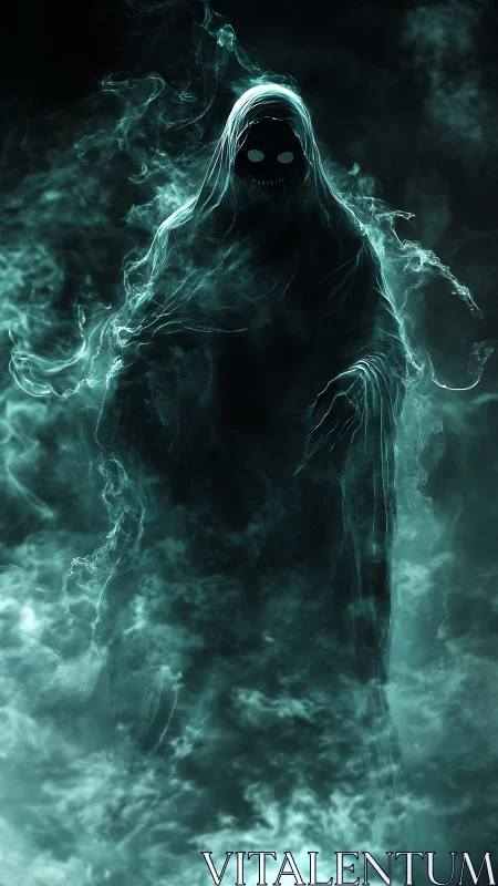 Shrouded spirit rises from swirling teal mist with eerie grace