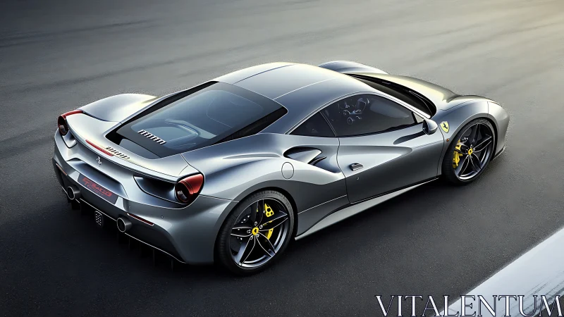 Silver Ferrari sports car on racetrack in overhead view.