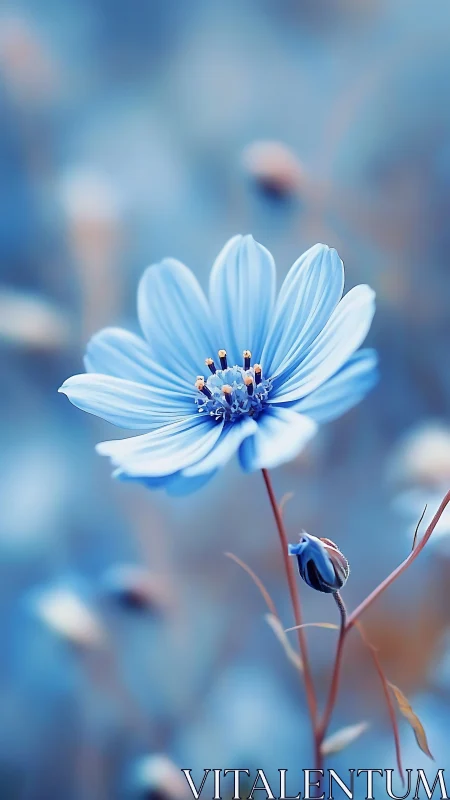 Soft blue wildflower dreaming in a hazy morning glow.