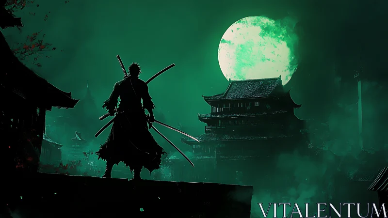 Lone samurai silhouette against green moonlit fortress.