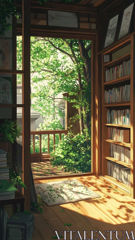 Sunlit wooden study with open view to lush green garden.