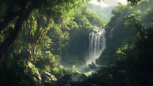 Rainforest Waterfall Gorge with Mist and Verdant Canopy.