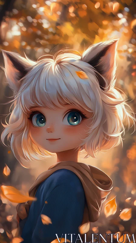 Anthropomorphic feline girl in autumn forest environment.