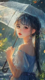 Girl holding umbrella in rain with wet translucent dress.