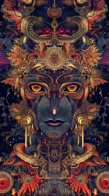 Symmetrical ornate face with mechanical and floral motifs.