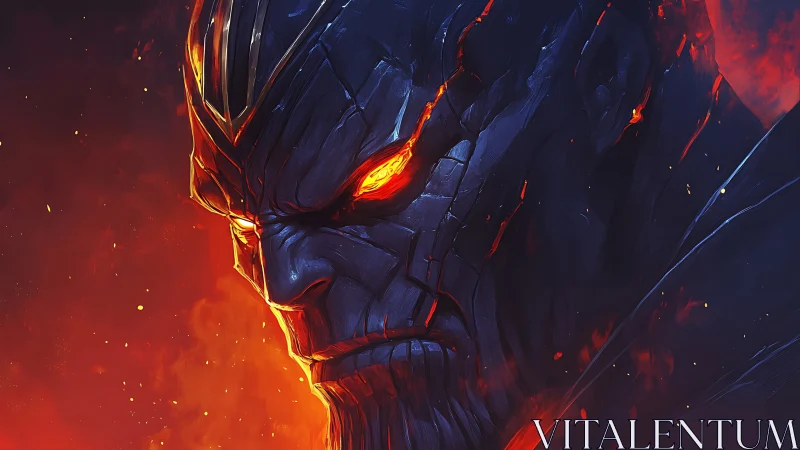 Dark armored figure with glowing lava-like eyes and cracks.