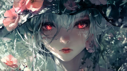 Girl with glowing red eyes stares forward amid foliage