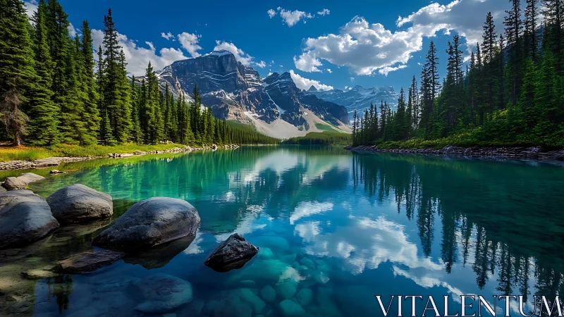 Mountain lake reflection under clear sky with pine forest.