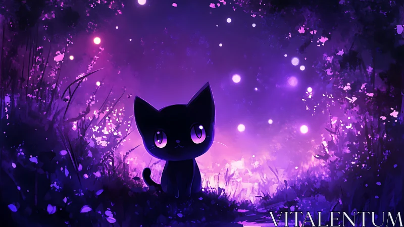 Tiny midnight familiar studies the glowing forest secrets