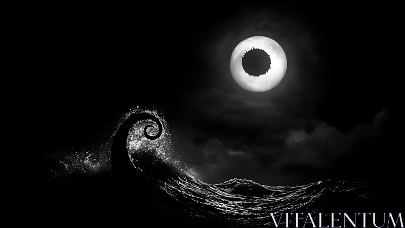 Monochrome ocean vortex under eclipsed lunar void eye.