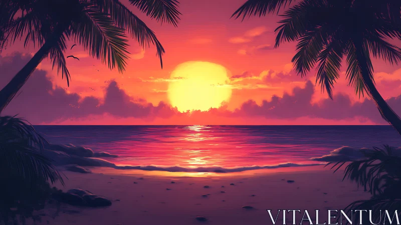 Sun sets over tropical beach framed by palm silhouettes