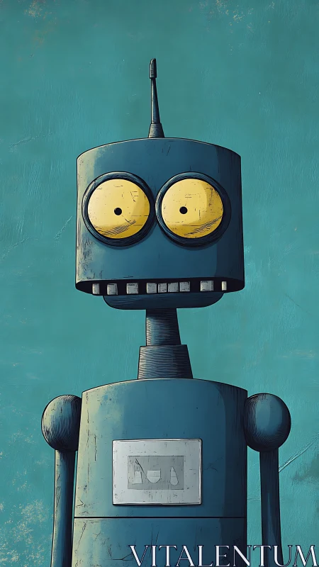 Wide-eyed blue robot sharing a curious, gentle smile.