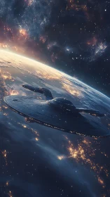 Starfaring disc cruiser skims Earth’s glittering nightside.