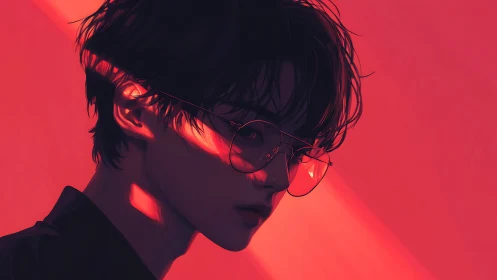 Moody portrait glows in bold red light and quiet reflection