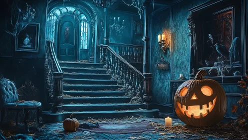 Glowing jack o&rsquo;lantern in decayed haunted mansion interior.