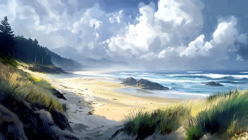 Coastal dunes meet stormlit surf under sweeping clouds.