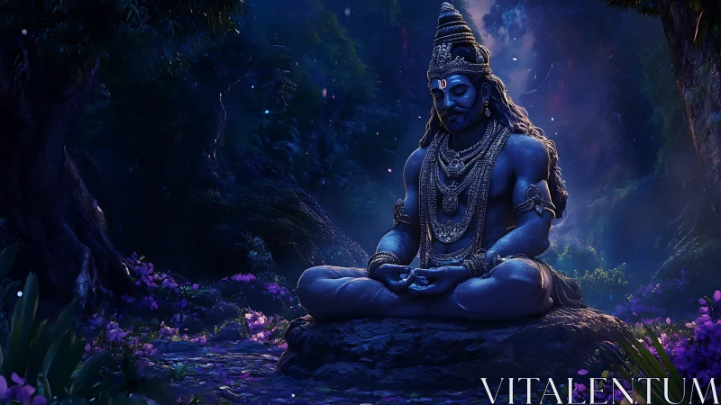 Midnight forest hush crowns a blue yogi in jeweled silence