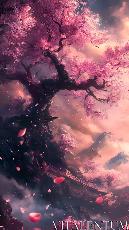 Skybound sakura giant over mist-soaked mountain temples.